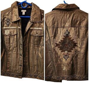 Chico Size 3 NWOT Dark Gray Embellished Southwest Detail Lined Jacket Flat Lay 2